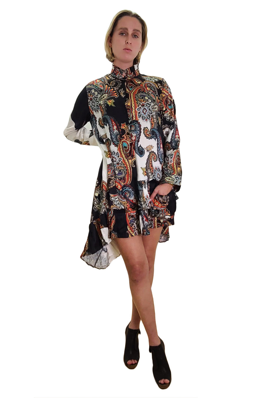 Long Sleeve Button Down High Low Satin Dress