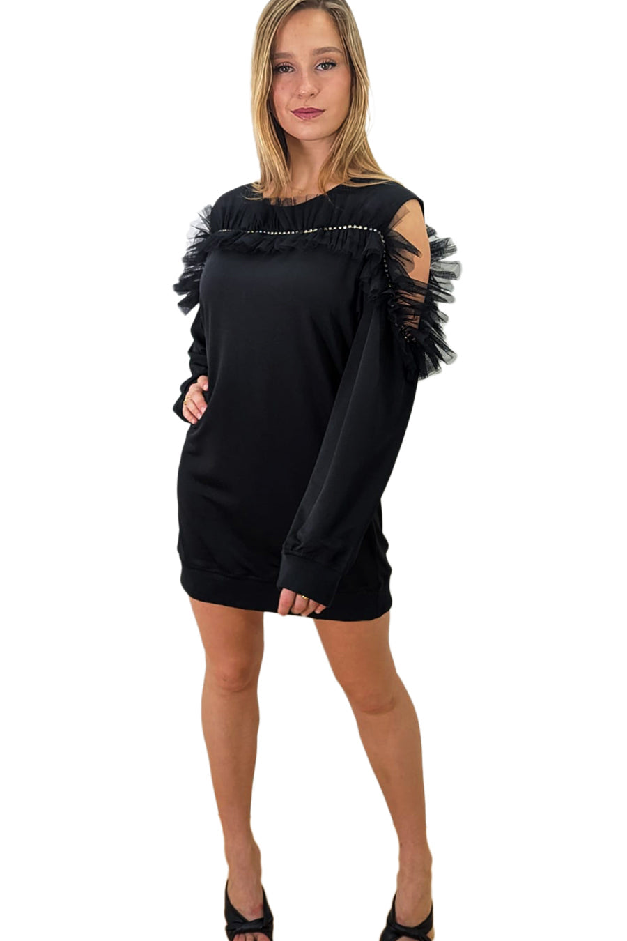Cold Shoulder Long Sleeve Embellished Short Dress