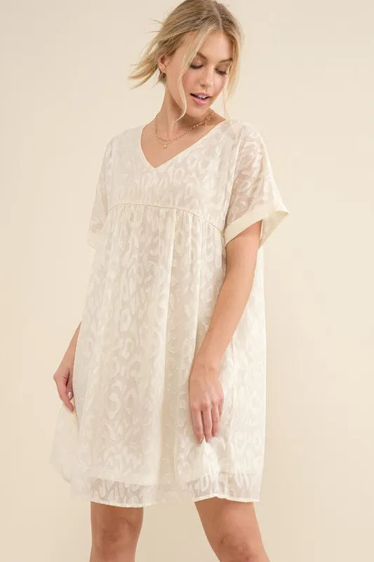 And The Why Woven Leopard Baby Doll Roll-Sleeve Casual Dress