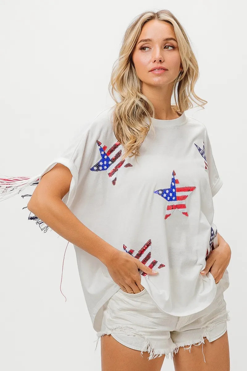 American Flag Sequin Star Fringe Top