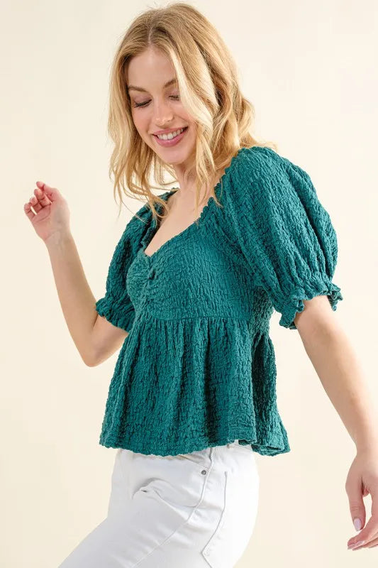 And The Why Lovely Textured and Smocked Top in Green