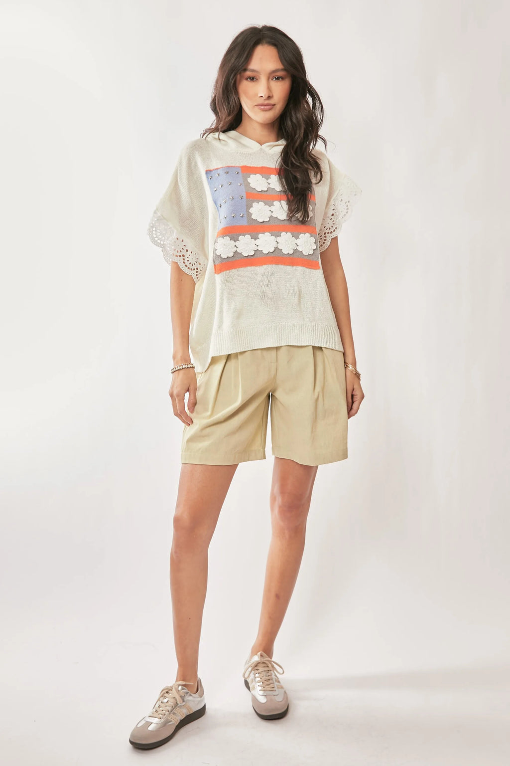 American Flag Loose Fit Lace Sleeve Hoodie Top