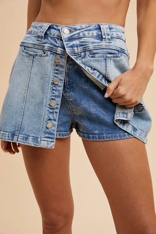 Annie Wear Button Detail Stretch Denim Wrap Mini Skort
