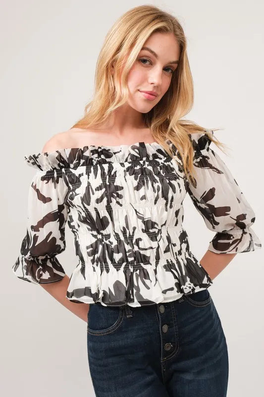 And The Why Smocked Off-Shoulder Floral Printed Top