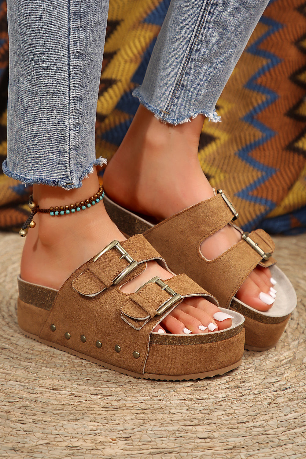 Beige Suede Buckle Decor Corky Platform Sandals