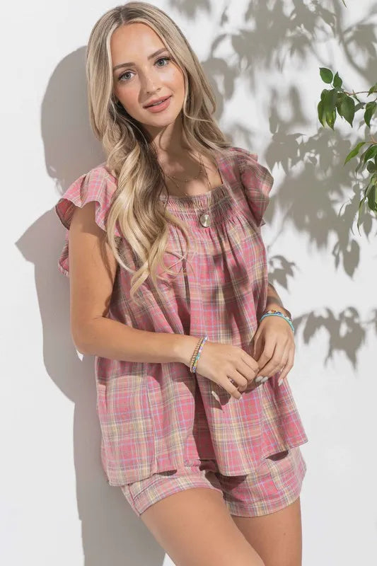 And The Why Plaid Print Smocked Detail Ruffle Baby Doll Top