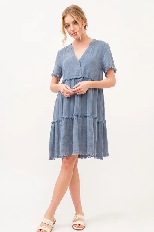 And The Why Washed Frayed Detail Tiered Dress