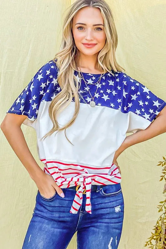 And The Why American Flag Print Tie Knot Front Casual Top