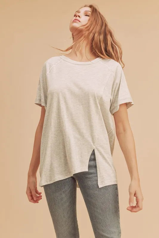 Asymmetrical Front Slit Round Neck Raglan Sleeve T-Shirt