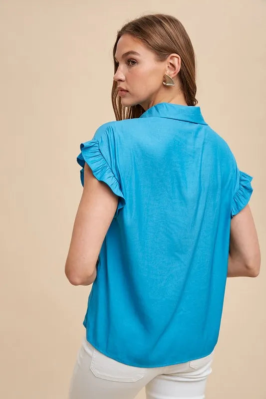 Annie Wear Relaxed Fit Ruffle Sleeve Woven Blouse Top