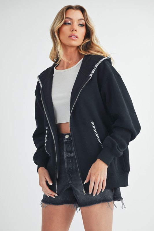 Aemi + Co Contrast Trim Zip Up Hoodie Jacket
