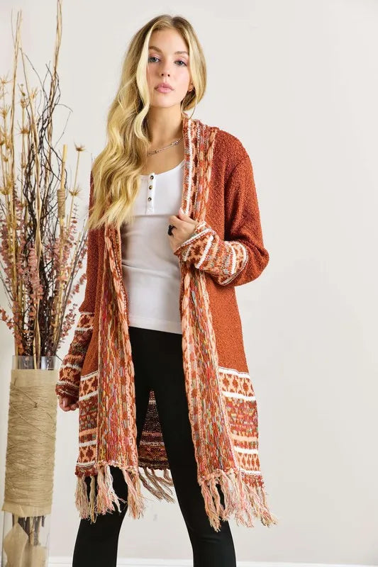 ADORA Full Size Fringe Hem Aztec Border Cardigan Plus Size