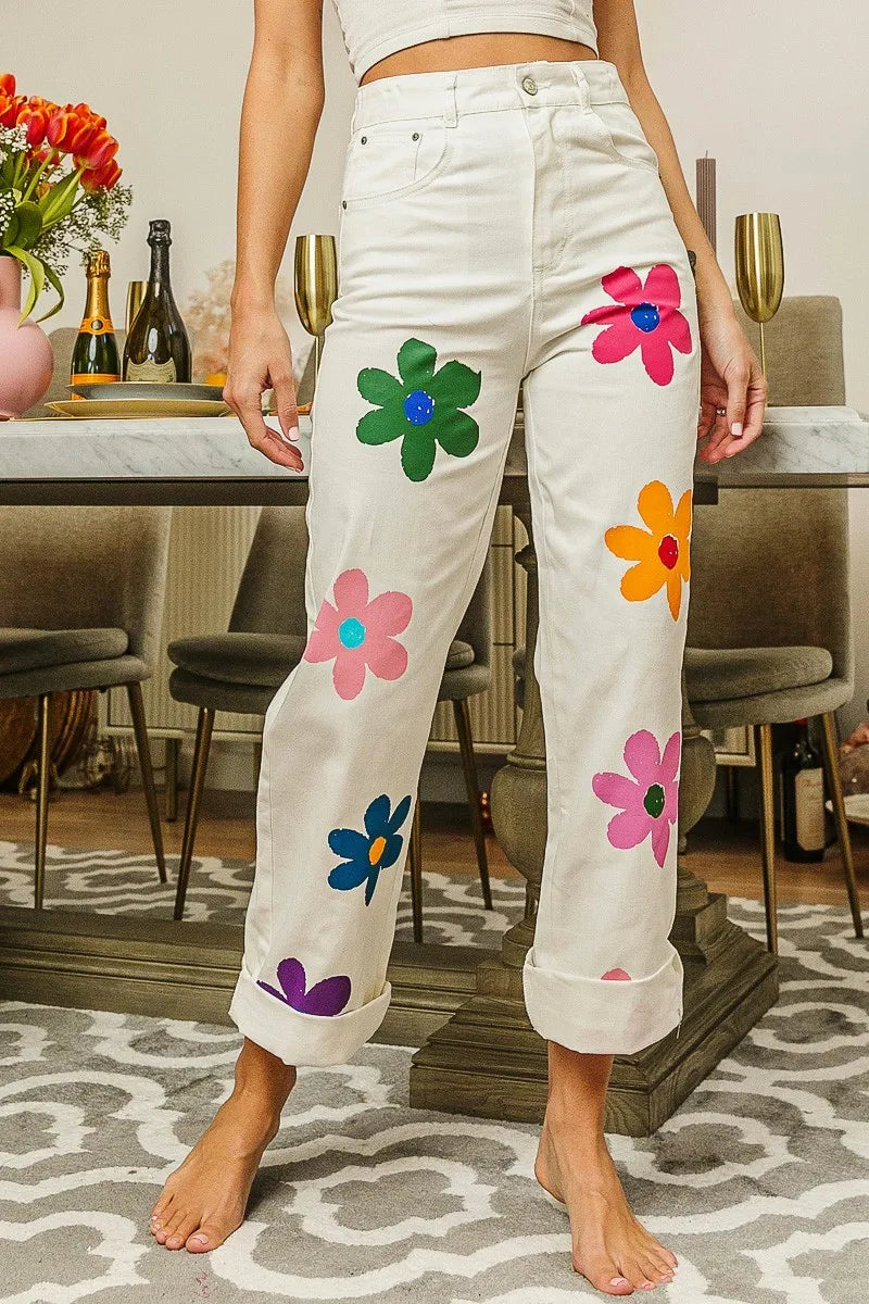 BiBi Flower Print Straight Legs Pants in Cream