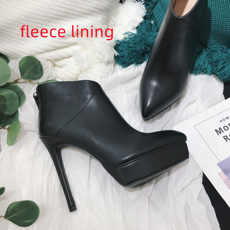 Autumn And Winter New Stiletto High-heeled Platform Leather Ankle Boots