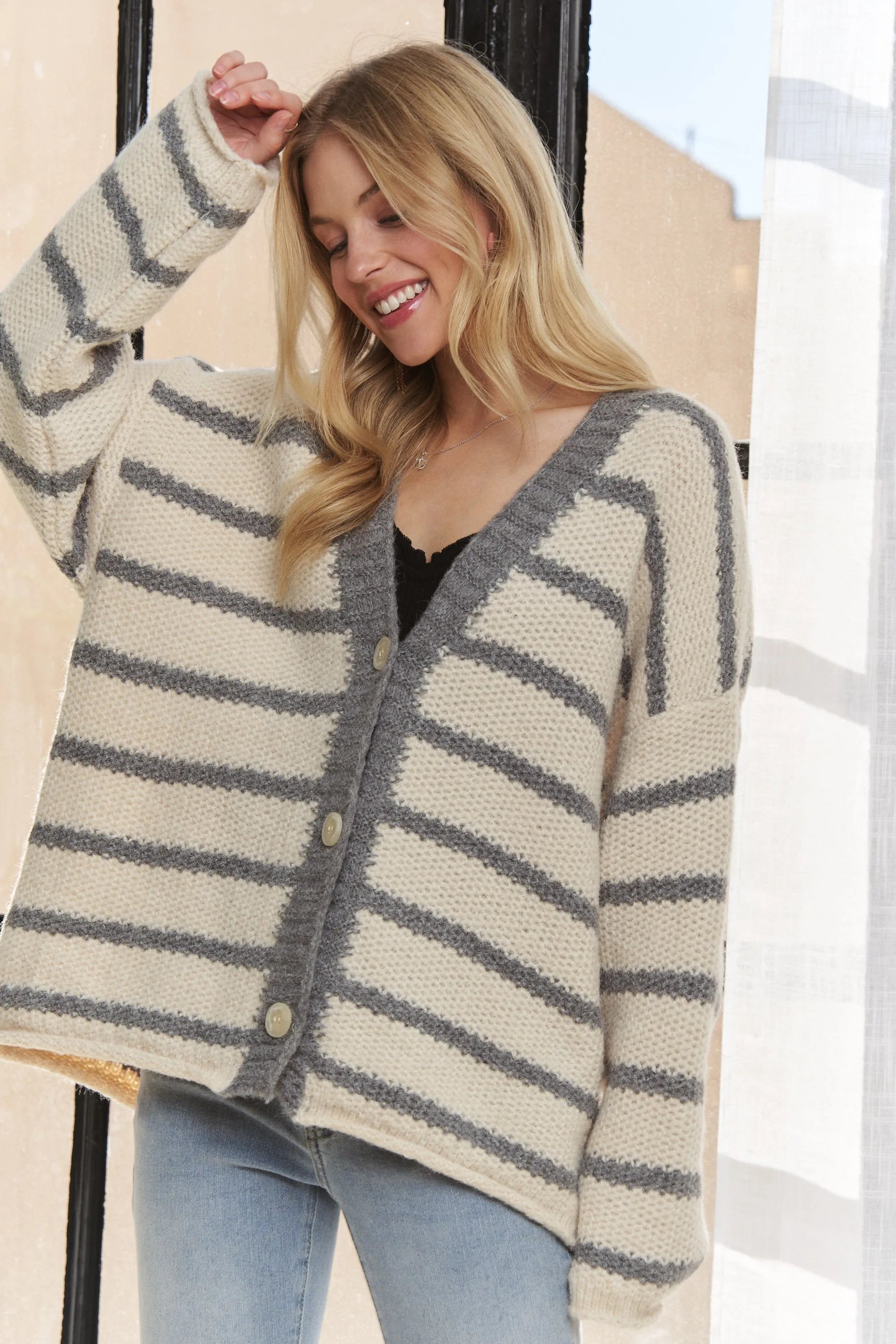 ADORA Horizontally Striped Button Up Cardigan