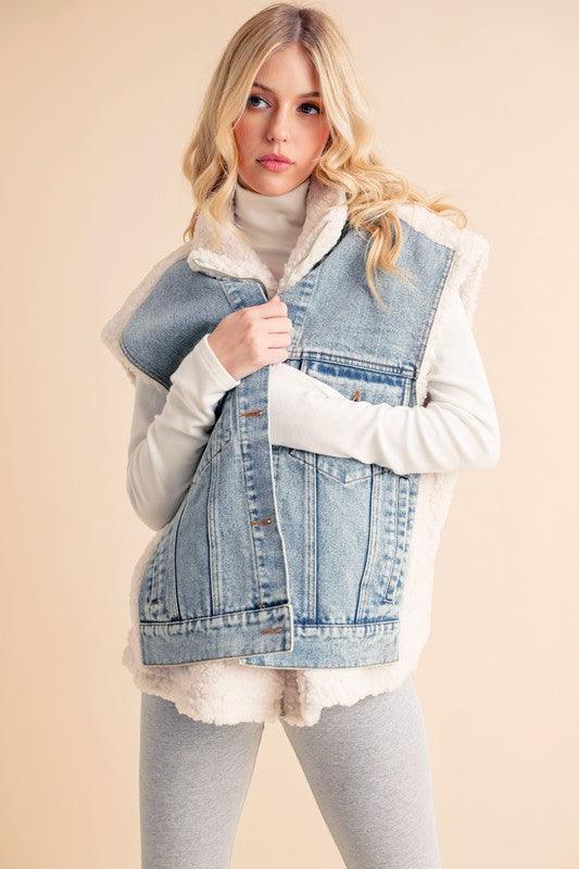 Aemi + Co 2-Piece Faux Denim Patch Sherpa Vest Coat
