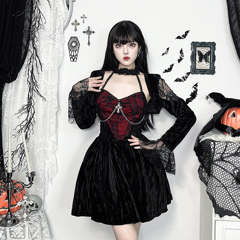 Autumn New Elegant Sexy Red Lace Stitching Velvet Dress Women