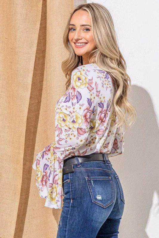 And The Why Floral Printed Bell Sleeve Casual Top