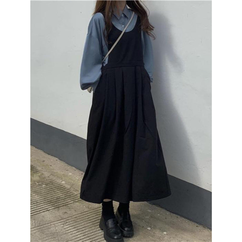 Autumn Suit Women's Shirt Extended Black Strap Dress