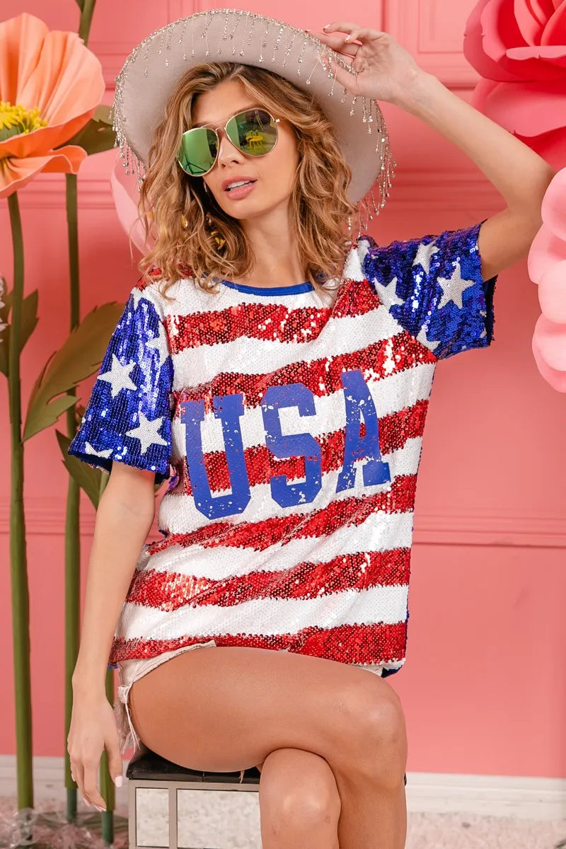 American Flag Theme USA Lettering Sequin Top