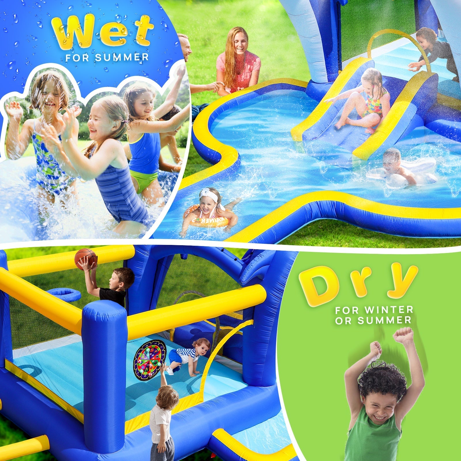8 in1 Inflatable slide water park trampoline bouncing house outdoor garden with  Dolphin sprinkler & Target games & Water gun & Basketball