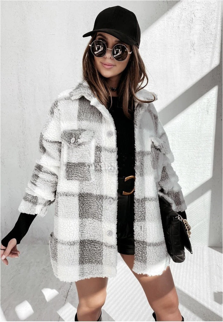 Autumn And Winter Long Sleeve Double Pocket Plaid Furry Coat Women