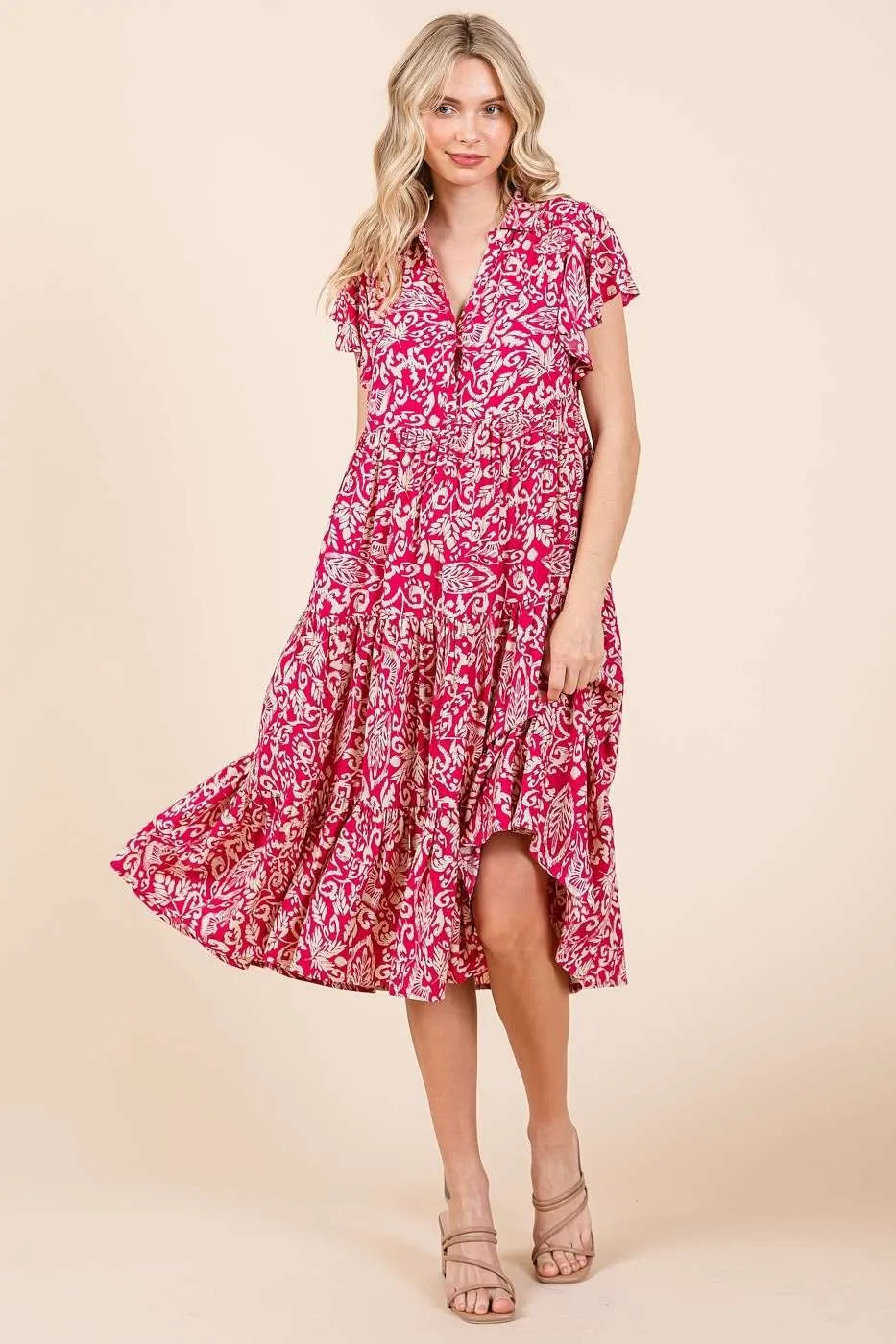 Abstract Print Ruffle Tier Midi Dress