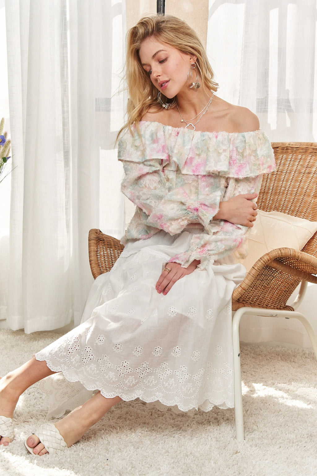 ADORA Ruffled Off Shoulder Floral Blouse in Pink