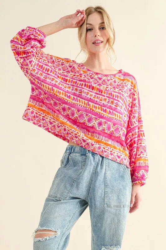 And The Why Cozy Textured Printed Casual Top in Coral