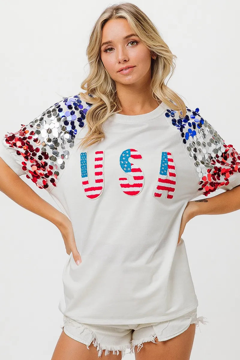 American Flag Theme Sequin Top