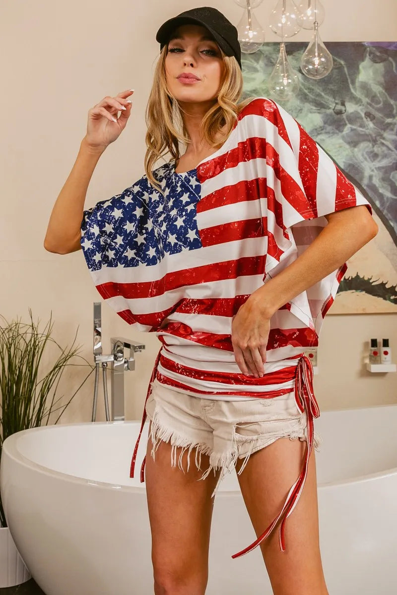 American Flag Printed Side Ruched Details Knit Top