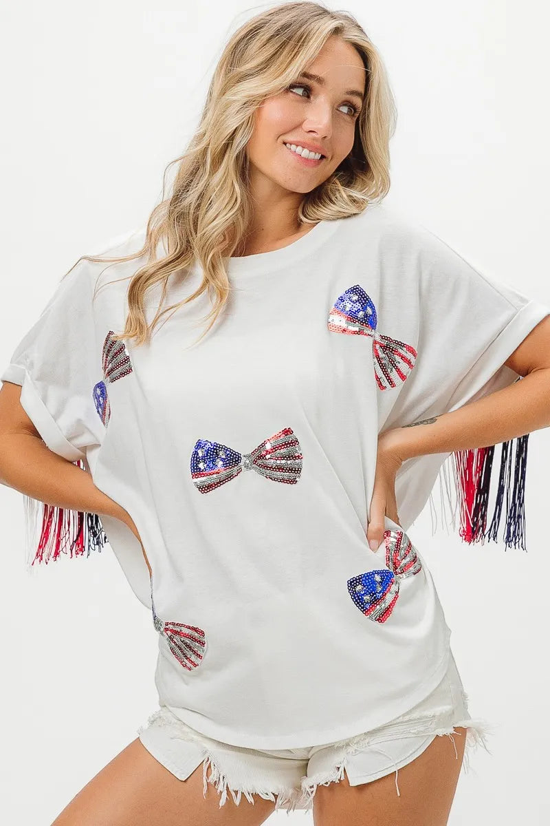 American Flag Sequin Ribbon T-Shirt