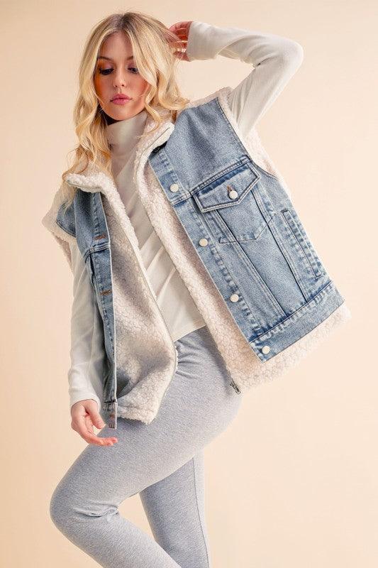 Aemi + Co 2-Piece Faux Denim Patch Sherpa Vest Coat