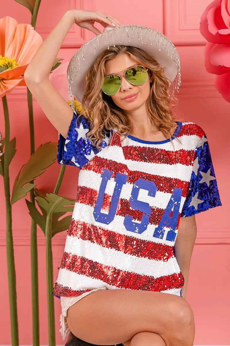 American Flag Theme USA Lettering Sequin Top