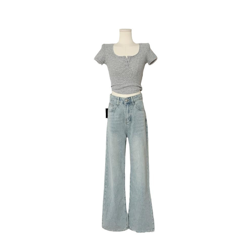 Ballet Embroidery Light Blue Wide-leg Jeans