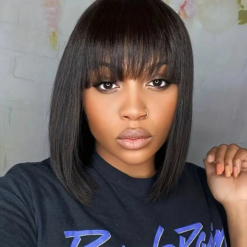 100% Human Hair | Remy Hair | HD Lace Middle Part | Straight | Bangs | Wear And Go | Glueless | Short Bob Wigs