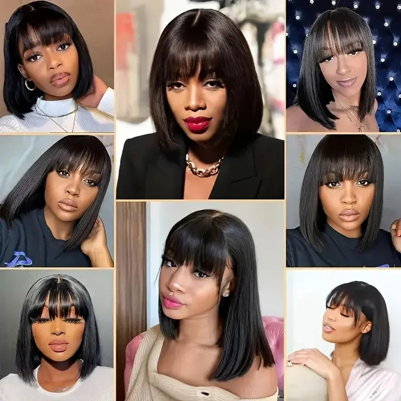 100% Human Hair | Remy Hair | HD Lace Middle Part | Straight | Bangs | Wear And Go | Glueless | Short Bob Wigs