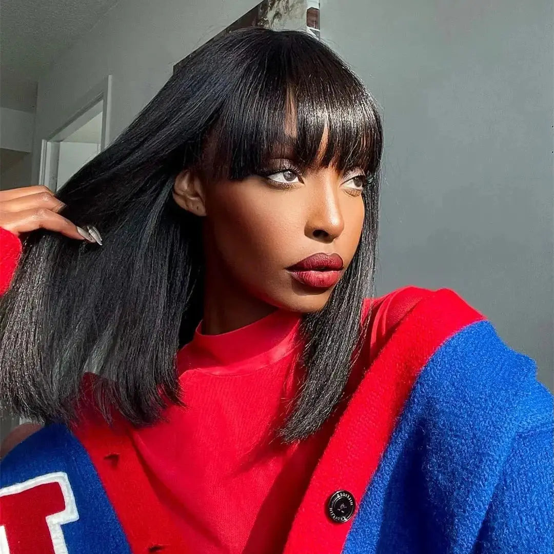 100% Human Hair | Remy Hair | HD Lace Middle Part | Straight | Bangs | Wear And Go | Glueless | Short Bob Wigs