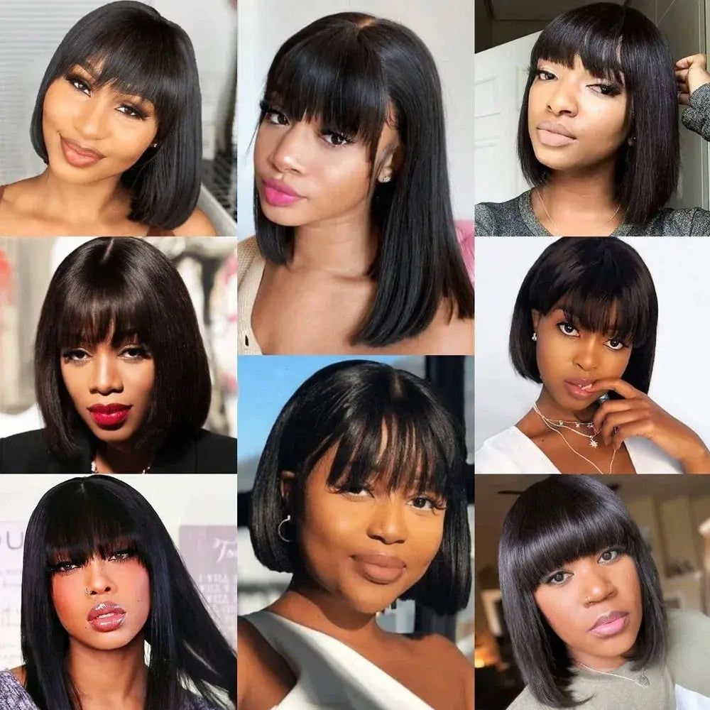 100% Human Hair | Remy Hair | HD Lace Middle Part | Straight | Bangs | Wear And Go | Glueless | Short Bob Wigs