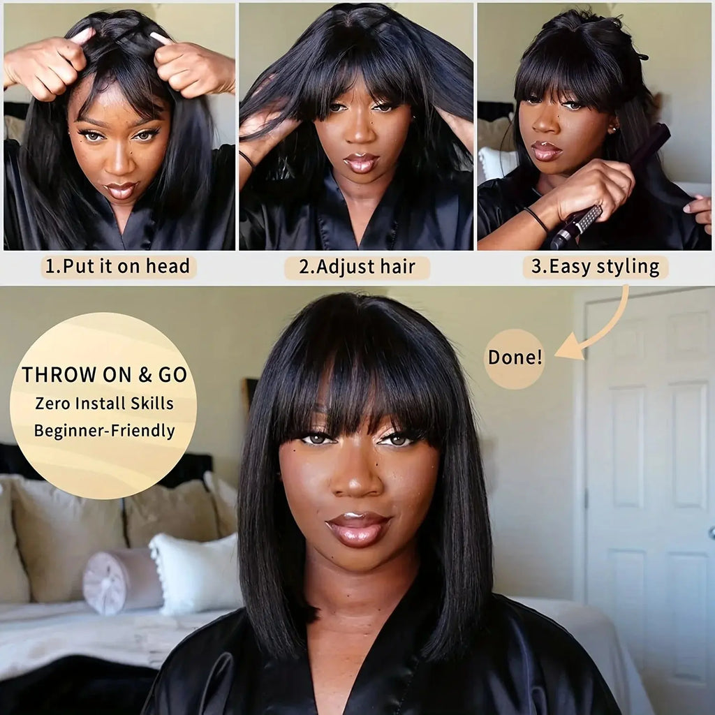 100% Human Hair | Remy Hair | HD Lace Middle Part | Straight | Bangs | Wear And Go | Glueless | Short Bob Wigs