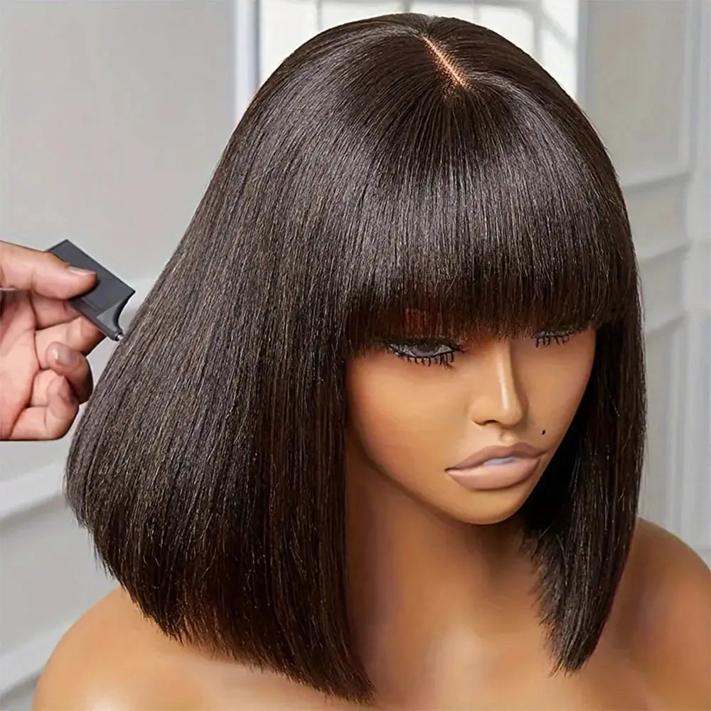 100% Human Hair | Remy Hair | HD Lace Middle Part | Straight | Bangs | Wear And Go | Glueless | Short Bob Wigs