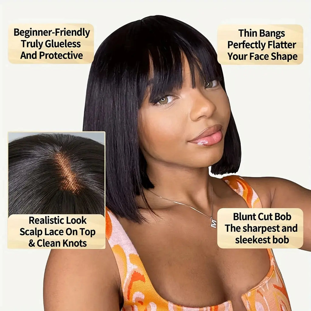 100% Human Hair | Remy Hair | HD Lace Middle Part | Straight | Bangs | Wear And Go | Glueless | Short Bob Wigs