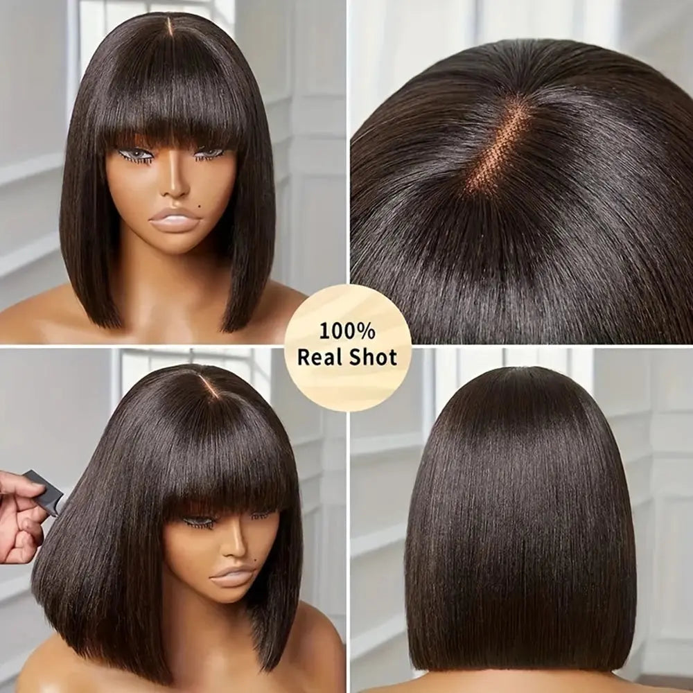 100% Human Hair | Remy Hair | HD Lace Middle Part | Straight | Bangs | Wear And Go | Glueless | Short Bob Wigs