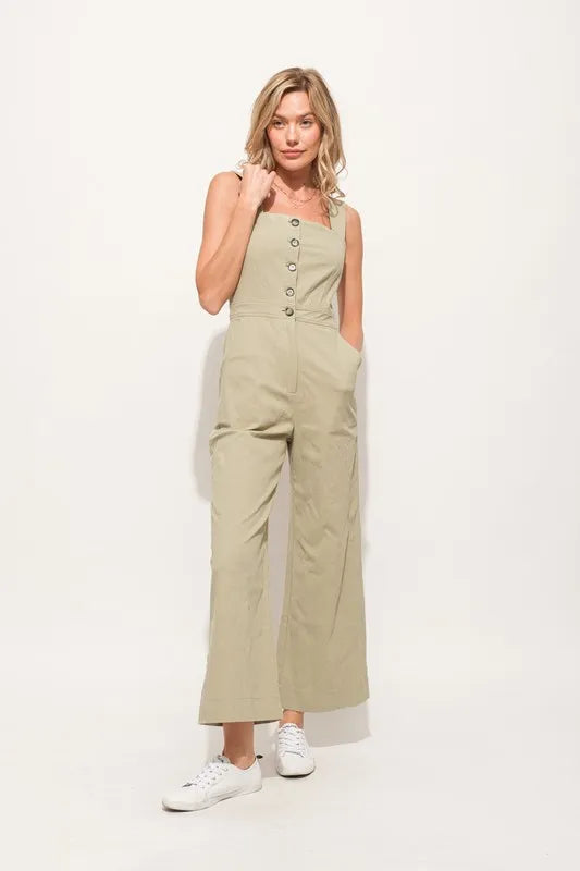 And The Why Square Neck Button Down Cropped Wide Leg Jumpsuit