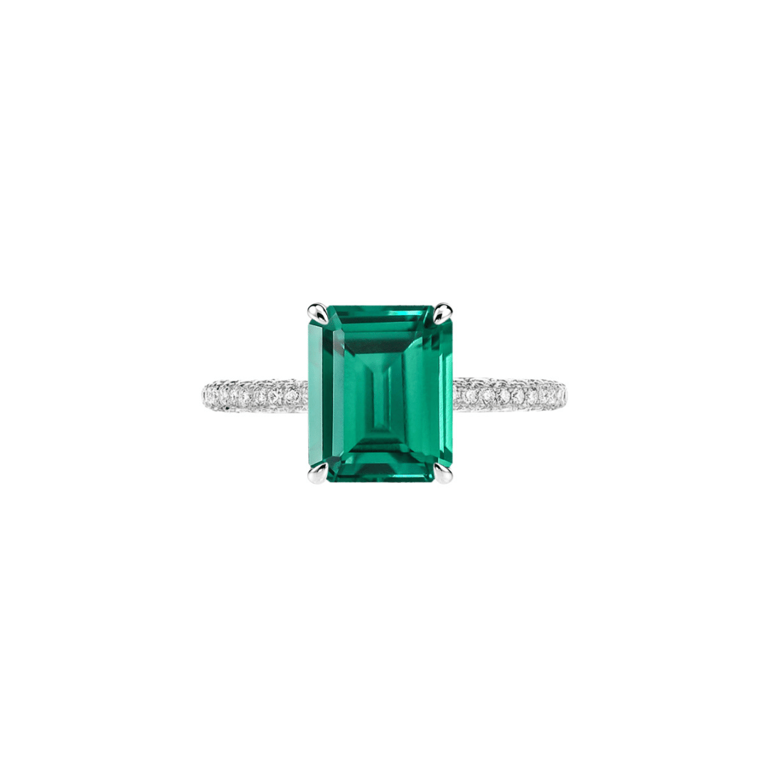 3.0ct Lab Emerald Rectangle Emerald Cut Three Row Pavè Engagement Ring