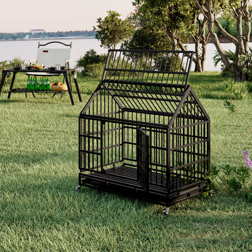 48 Inch Heavy Duty Dog Crate with Wheels, Folding Metal Big Dog Cage for Large and Medium Dogs, Cage with a pointed roof and Removable Tray.