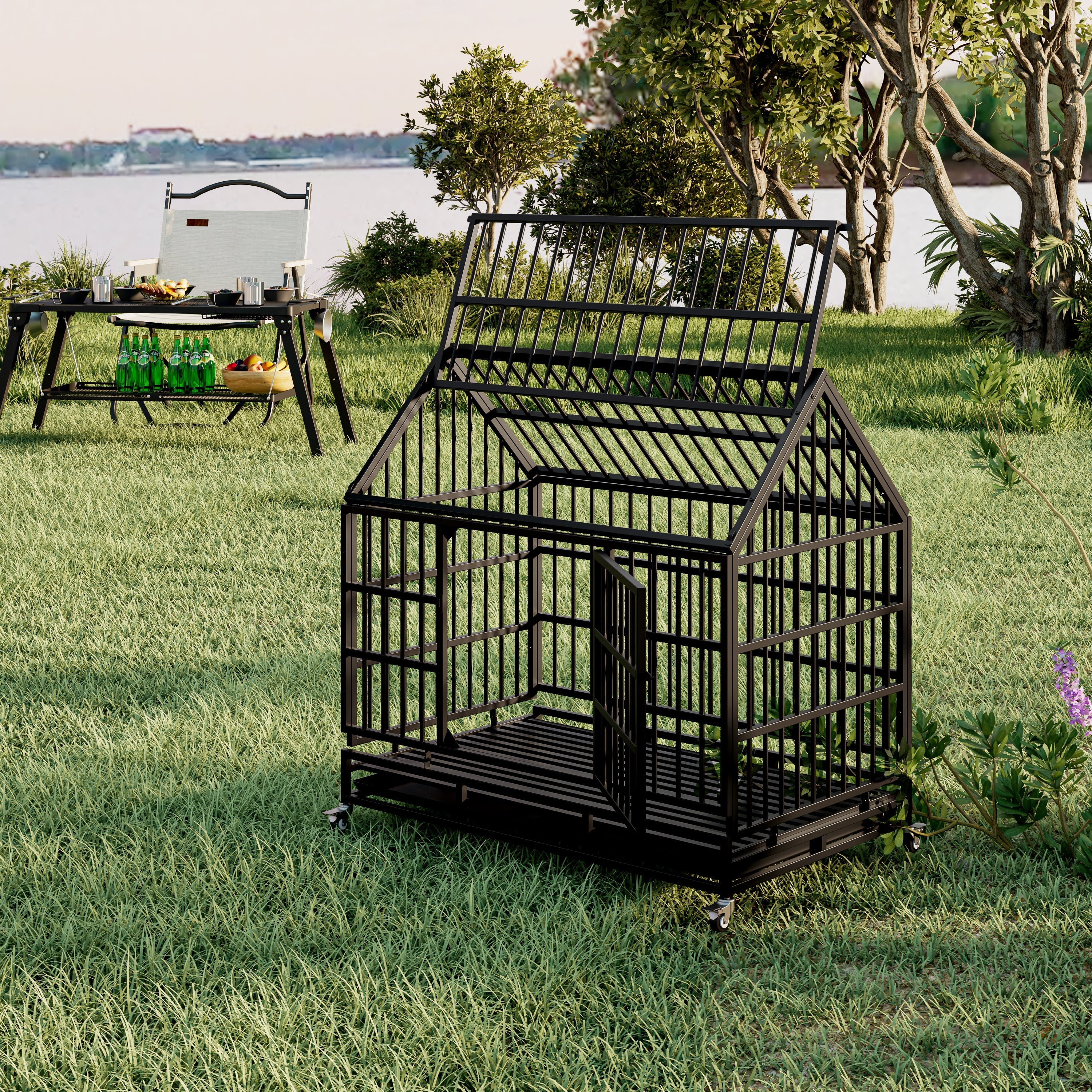 48 Inch Heavy Duty Dog Crate with Wheels, Folding Metal Big Dog Cage for Large and Medium Dogs, Cage with a pointed roof and Removable Tray.