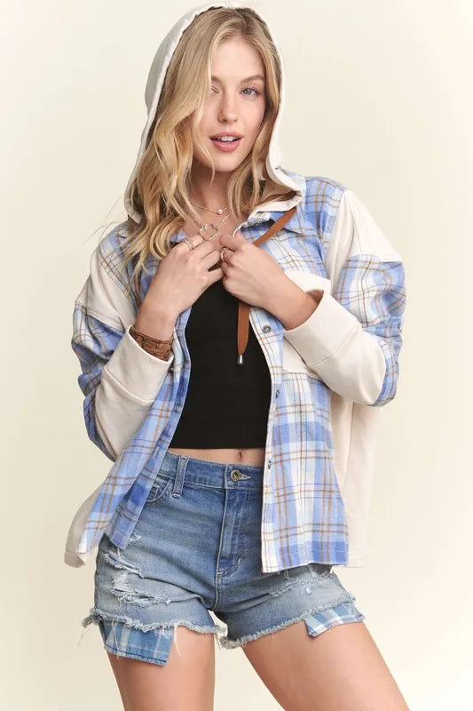 ADORA Button Down Plaid Hoodie Shacket