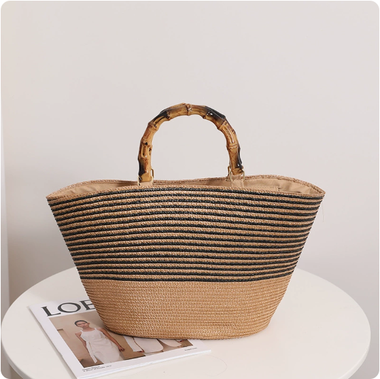 Bamboo Joint Straw Bag Large Capacity Striped Women Bag Woven Tote Hand Carrying Vegetable Basket Bag