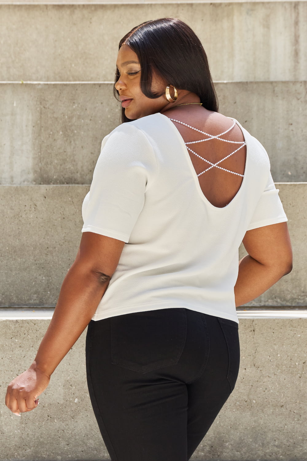 And The Why Pearly White Criss Cross Pearl Detail Open Back T-Shirt